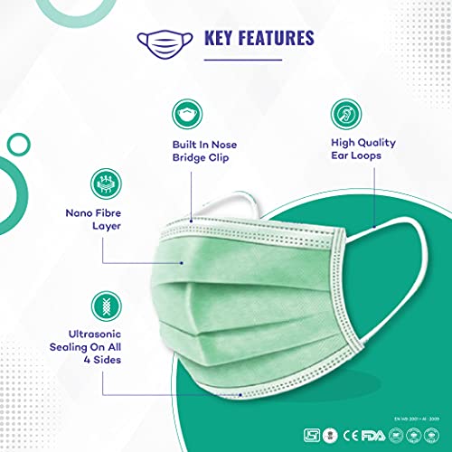 Image of 3 Ply Disposable Cotton Face Masks (Pack of 1000, Green) for Unisex with Nose Pin BIS, (ISI) Certified Mask with Melt Blown Layer