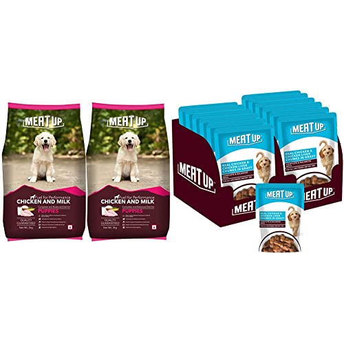 Image of Meat Up Chicken and Milk Puppy Dry Dog Food, 3kg (Buy 1 Get 1 Free) & Meat Up Wet Dog Food, Real Chicken and Chicken Liver Chunks in Gravy, 6 Pouches(6 x 70g) (Buy 1 Get 1 Free)