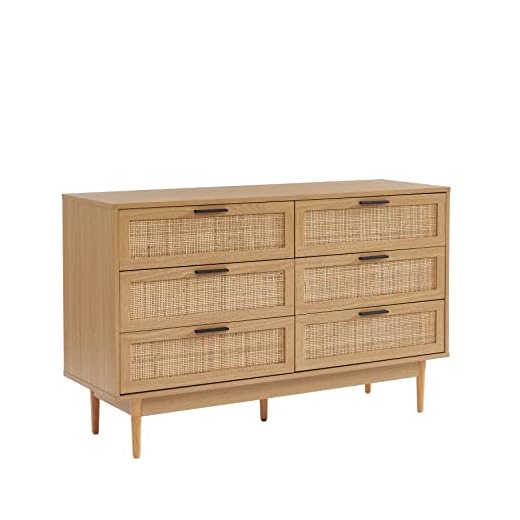 BAÏTA Commode Amana Effet chêne et cannage en rotin 6 tiroirs
