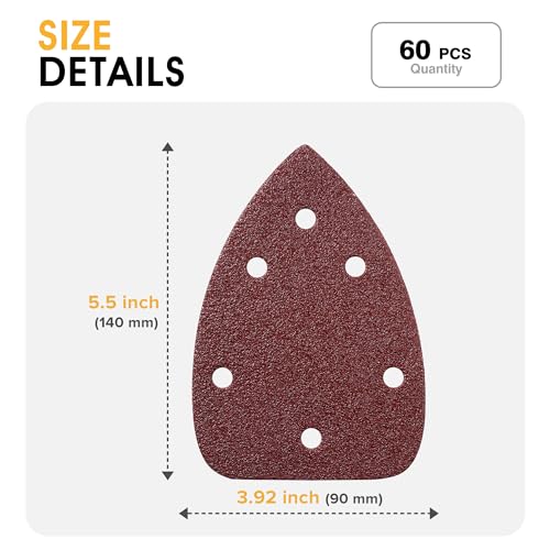 Shawya 60 PCS Mouse Sander Sandpapers 6 Hole Mouse Sand Paper Detail Sander Sanding Disc Mouse Sander Pads Hook and Loop Triangle Sandpaper (60/80/100/120/180/240) -10 PCS for Each Grit - Thumbnail 2