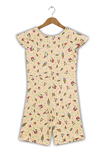 Image of Fashion Dream Girl's Casual Cream Cotton Lycra Animal Print Capri Jumpsuit