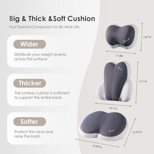 Image of FLORICH 3 PCS Seat Cushion for Carseat Lumbar Support Pillow Car Neck Headrest Pillows Ultrathick Memory Foam Seat Pads Pressure Relief Back Cushion for Office Chair-Dark Beige Grey