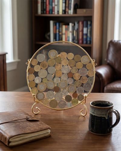 Wanlian Gold Frame Coin Display Stand Coin Display Stand wall-Mounted Iron Coin Rack Collection Coin Silver Dollar Coin Rack Glass Piggy Bank (Round)