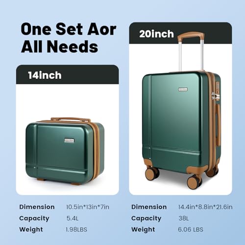 Image of 14 inch 20 inch Durable Luggage Set, 2 Piece Travel Hardshell Suitcase with 360 Double Smooth Spinner Wheels & TSA Lock for Adventure & Long Trips Carry on & Air Checked Green