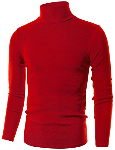 Ohoo Mens 100% Cotton Mock Turtleneck Sweater Slim Fit Lightweight Pullover / DCT005-RED-XL