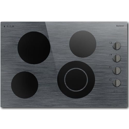 Karinear Electric Cooktop 30 Inch, 4 Burners Electric Stove Knob Control, Built-in Ceramic Cooktop with Beautiful Woodgrain Pattern Glass Surface, 6700W, 220-240v Hard Wired(No Plug)