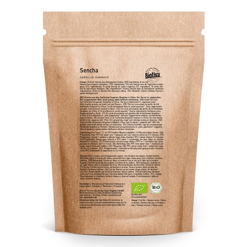 Biotiva Sencha Green Tea Organic 250g - Top price - Stock pack for 100 cups - Mild, slightly grassy, yet delicately tart and flowery - Fairbiotea Certificate