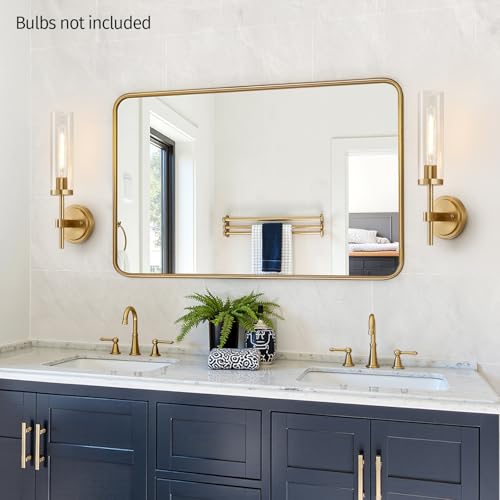 Image of [Hardwired] Wall Sconces Set of Two, Brushed Gold Bathroom Sconces with Clear Glass, Modern Wall Light Fixtures for Bathroom Mirror Vanity, Living Room, Bedroom, Hallway, Stairway, Cabinet, Foyer