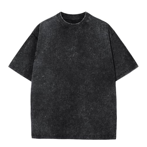Men's Oversized Cotton T-Shirts Loose Fit Vintage Washed Tee Unisex Short Sleeve Casual Shirts Tops(Black,l)