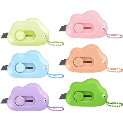 Muclip Cloud Retractable Box Cutter 6 Pack - With Key Rings,Safe Auto-Retract Design,Mini Paper Cutter for Box,Packages,Mail,Envelopes,Portable Keychain Letter Opener for Home,Office,Travel (6 Colors)