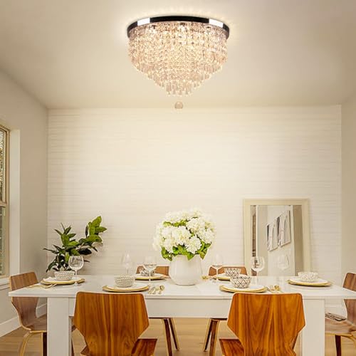 Image of Modern Design Flush Mount Ceiling Light 3 Color Changing Crystal LED Jhumar Light Chandelier for Living Room, Dining, Hall, Bedroom Fixture Pendant Lamp (Steel, 63 Watt, 53cm)
