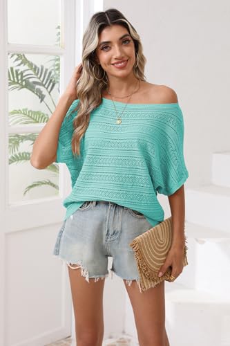 Cakulo Summer Off The Shoulder Tops for Women Crochet Short Sleeve Batwing Knit Spring Oversized Sweater Top3