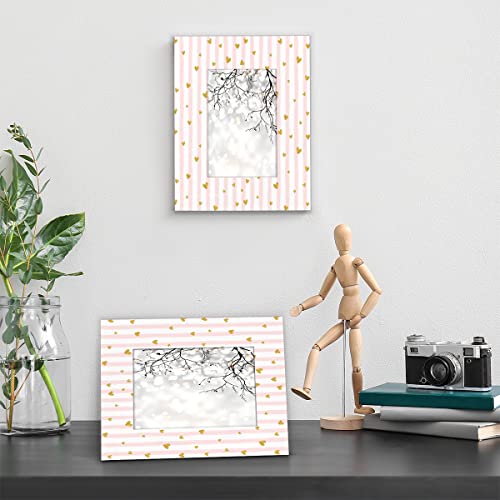 Heart Pink Gold 4X6 Picture Frame Stripe Wood Photo Frames For Table Top Display Wall Mounting Fits 4X6 Or 3.5X5 Pictures Home Office Decor #TOP4