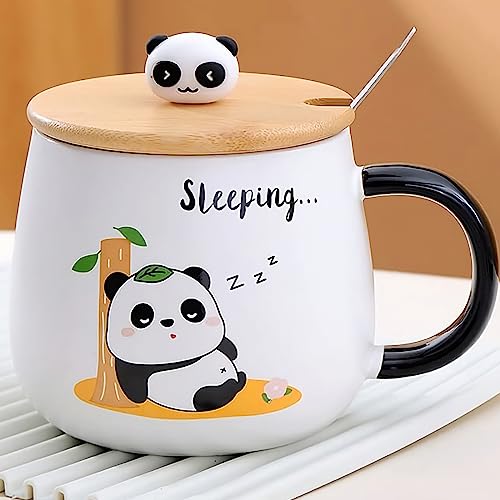 Image of BonZeal Ceramic Panda Mug Set - 4 Tea Coffee Cups With Lid and Spoon - Birthday, Christmas, New Year Gift for Kids, Friends, Secret Santa - 400 ml