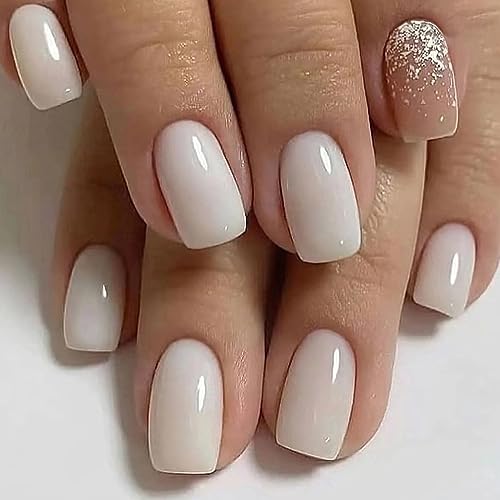 AKOFIC 24 Piezas Uñas Postizas Cortas Cuadradas, Press on Nails Francesa con Diseño, Verano Uñas Postizas Decoradas sin Pegamento, Uñas Postizas que se Pegan para Mujeres y Niñas (Blancas Brillantes)