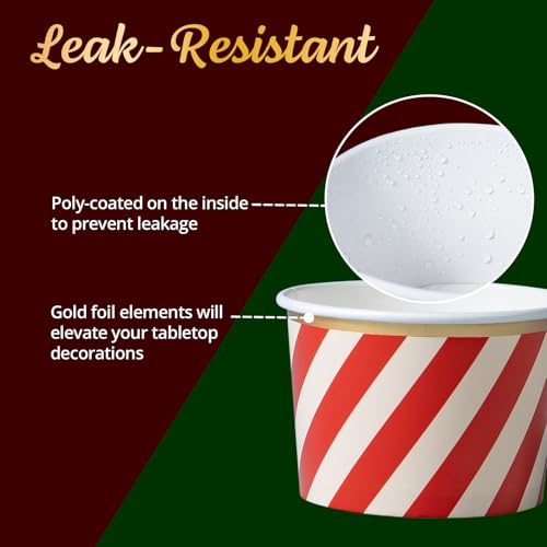 Image of Confettiville Paper Ice Cream Cups, 50-Count 9-Oz Disposable Dessert Bowls for Hot or Cold Food, 9-Ounce Christmas Party Supplies Treat Cups, Red and Green Diagonal Stripes, Gold Foil