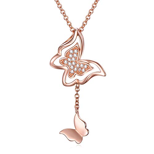 PEIMKO Y Sterling Silver Butterfly Necklace for Women, Rose Gold Plated 2 Butterfly Necklace, Butterfly Gift for Girls