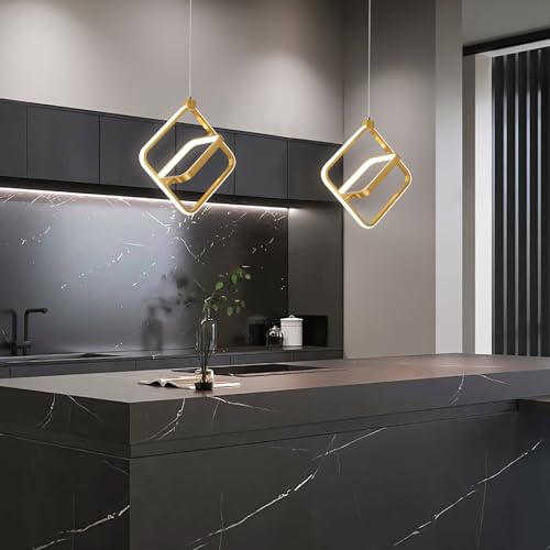 Image of Modern LED Chandelier Gold Rectangular Pendant Light Fixtures 4000K 20W Dimmable Height Adjustable Pendant Lighting for Dining Room Kitchen Island Bedroom Living Room Foyer(2-Pack)