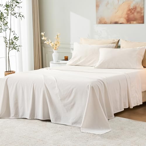 MEISHANG Stone Washed Linen Sheets Queen, 4 Pcs, 16" Deep Pocket