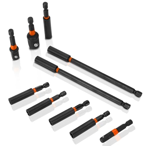 V2ine 10 Pcs Impact Driver Bit Adapter Set,5 PCS Strong Magnetic Screwdriver Bit Holder 2.4 Inch Extension + 6Inch Magnetic Screwdriver Bit Holder Extension + 3Pcs Socket Adapter Set With Tough Case