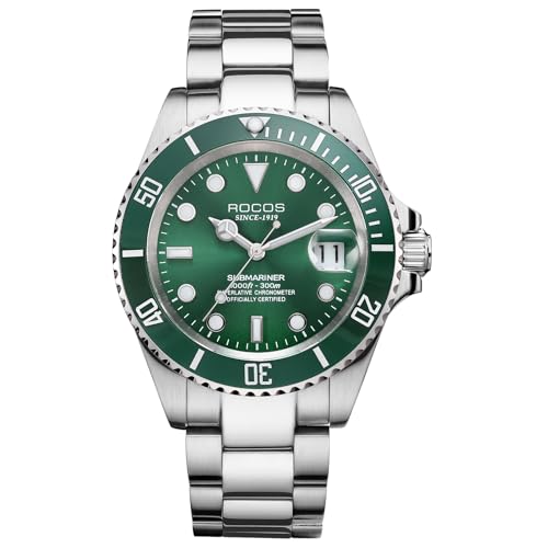 Image of ROCOSJEWE Men Analogue Silver Band Automatic Mechanical Watch Black /Green Dial Ceramic Bezel Waterproof Wristwatch Luminous Calendar Display Stainless Steel Adjustable Strap Gifts R0158Green