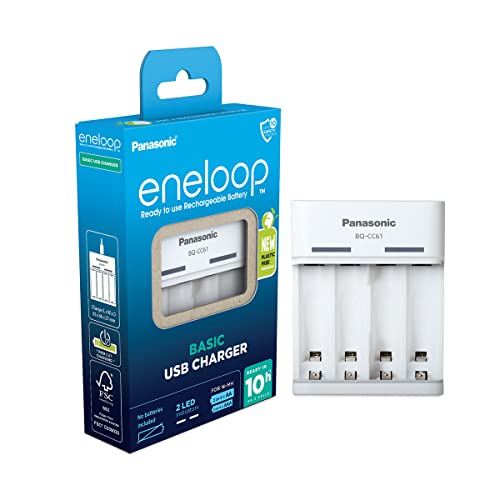 eneloop Basic Cargador USB, para 2 o 4 Pilas Recargables AA/AAA, 10h de Tiempo de Carga, 6 Funciones de Seguridad