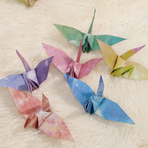 Image of Starry Sky Crane Paper Hanging Garlands(3stringsX 5.2ft), Watercolor Galaxy Origami Birds Streamers for Bedroom Bridal Shower Baby Shower Birthday Party Supplies Garden Ceiling Hanging Decor