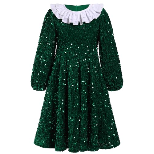 FYMNSI Toddler Girls Christmas Dress Sparkle Sequins Long Puff Sleeve Velvet Dress Detachable Ruffles Collar Kids Fall Winter Outfits Flower Girl Dresses Wedding Birthday Party Gowns Dark Green 3-4T
