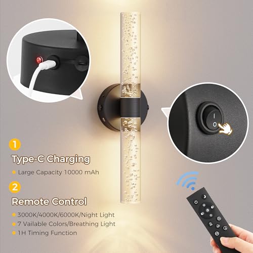 Image of DORESshop Battery Operated Wall Sconces Set of 2, 10000mAh Rechargeable Wall Sconce with Bubble Crystal, 9 Color Dimmable Wireless Wall Sconce, Sconce Wall Decor for Living Room, Bedroom, Black 18in