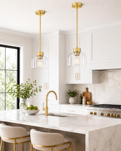 Image of 8 inch Brushed Gold Pendant Lights Kitchen Island, Clear Glass Shade