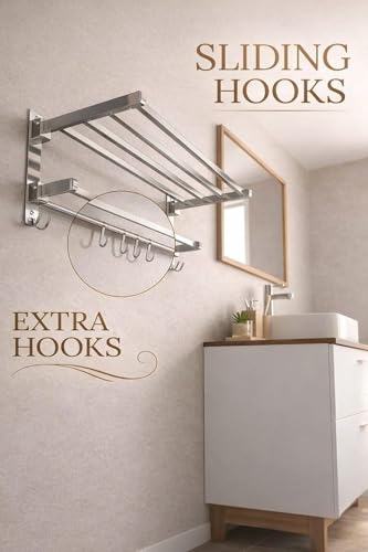 Image of Natheeph Towel Holder in Bathroom,(Silver) - Towel Hanger for Wall, Square Edges Stainless Steel Foldable, Rustproof Wall Mounted Bathroom Shelf with Hooks, Heavy Duty Bathroom Accessories