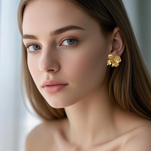 Gold 3D Statement Chunky Flower Earrings, Hypoallergenic 925 Sterling Silver Stud, Summer Spring Fancy Vintage Jewelry for Women3