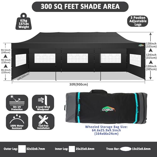 Image of COBIZI 10x30 Pop Up Canopy Tent,Heavy Duty Canopy(Black with 8 Sidewalls)