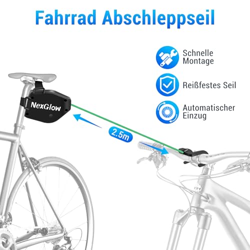 NexGlow Abschleppseil Fahrrad, 2.5M Fahrrad Zugseil für Alle Fahrradstangen, Einziehbares Fahrrad-Abschleppseil Follow me MTB Bike