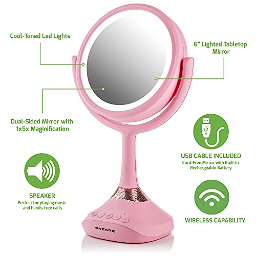 Image of OVENTE Rechargeable Lighted Tabletop Mirror with Speaker, Pink MRT06P1X5X