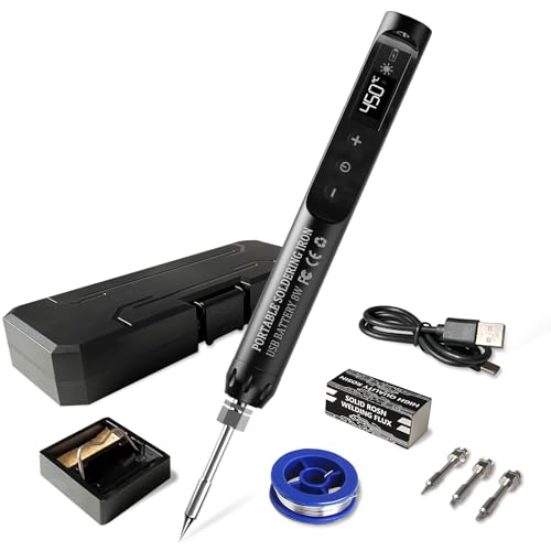 ELIOFANEIA Soldador de estaño,soldador inalámbrico con apagado automático,pantalla LCD,temperatura ajustable 200°C-450°C,3 puntas de soldador,alambre de soldadura,pasta de soldadura,Soldador estaño