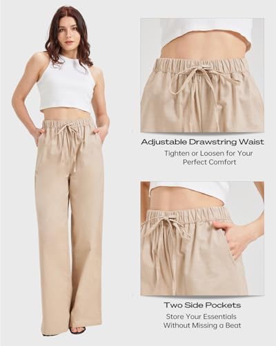 Zylioo Extra Long Linen Pants Women Tall 32-30 Inch Inseam, Wide Leg Linen Drawstring Pants, Lightweight Casual Pants for Summer Khaki4