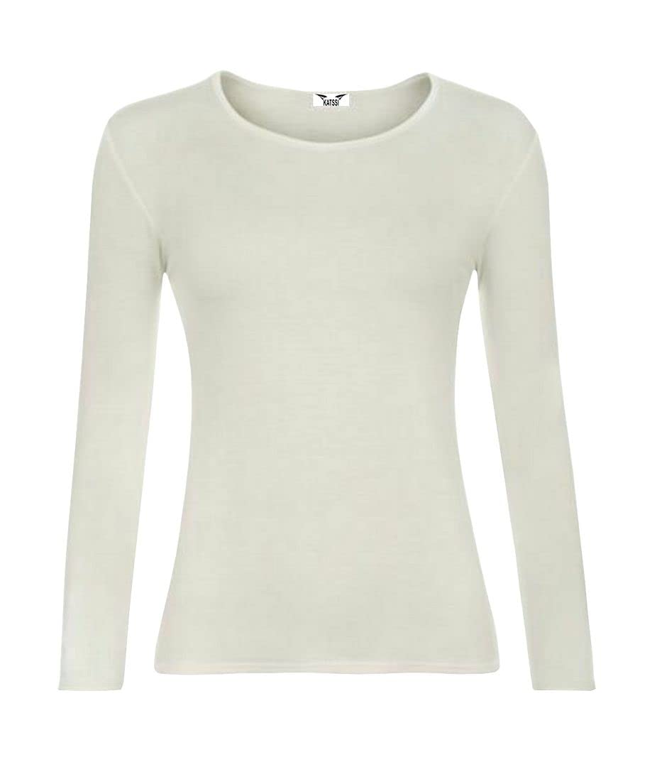 KATSSI Women’s Ladies Long Sleeve Stretch Plain Round Scoop Neck T Shirt Top SM Cream