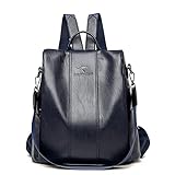 Mochila Feminina Moda Mochila de Grande Capacidade Viagem Mochila Mulheres de Couro PU Macio Multifuncional Anti-roubo Bolsa de Ombro (Azul escuro)