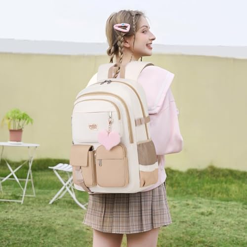 School Backpack For Student Women College Middle High Teen Girls Bookbag Waterproof Laptop Bag Beige Khaki2