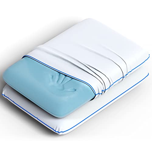 Imaginarium 2 Pk Cooling Bed Pillows for Sleeping, 2 Memory Foam Cooling Pillows for Back, Stomach Sleeper, Gel Side Sleeper Pillow, Cold Pillows That Stay Cold, Removable Zipper Cove - White/Blue