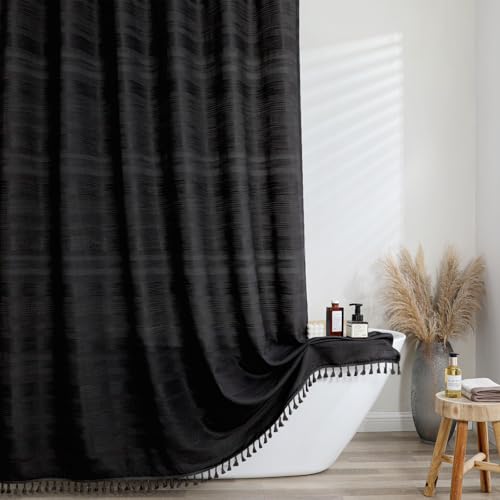 OVZME Black Shower Curtain 78 Inch Long, Boho Farmhouse Thick Linen Textured Fabric Shower Curtain with Tassel, Minimalist Striped Weighted Machine Washable Bathroom Decor, 72Wx78L Inches