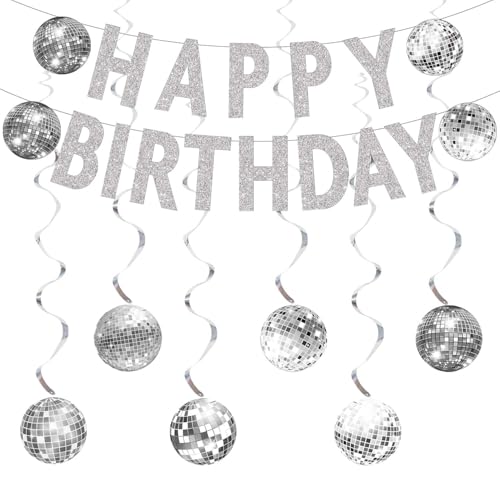 Disco Ball Birthday Party Decorations, Disco Happy Birthday Banner Silver Disco Ball Hanging Swirls for Retro Disco Garland Party 1970s Birthday Party Hippie Cutouts Favors Supplies
