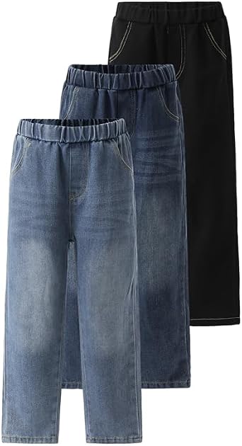 Boys Jeans 3 Pack Elastic Waist Kids Classic Jean Wide Straight Leg Stretch Denim Pants Size 3-12Years