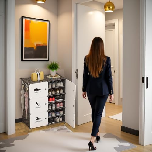 Image of Sunderlook Shoe Rack Plastic for Home- Slipper Stand, Professional Shoe Stand, Chappal Stand, Multipurpose Foldable Standing Comfort Runner Shoe Rack with Door (Black & White, 12 Shelf 6 Door)