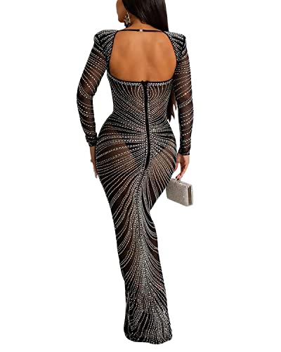Image of PORRCEY Women's Sexy Hot Drilling Craft Rhinestone Long Sleeve Bodycon Party Club Night Out Dress(6023,Black,M)