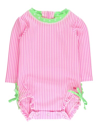 Image of RuffleButts Baby-Girls Seersucker Long Sleeve Rash Guard - One Piece Swimsuit UPF 50+ Toddler