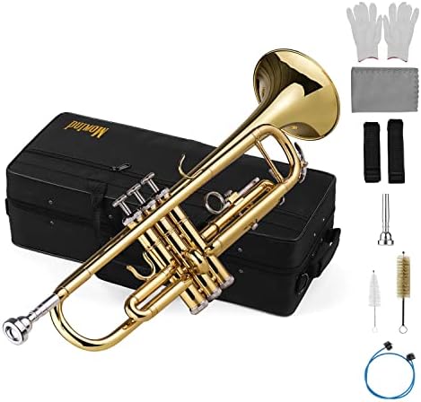 Mowind Trumpet B flat Standard Student Bb Key Brass Gold Lacquer Trumpet with Hard Case 7C Mouthpiece Cleaning Kit Set