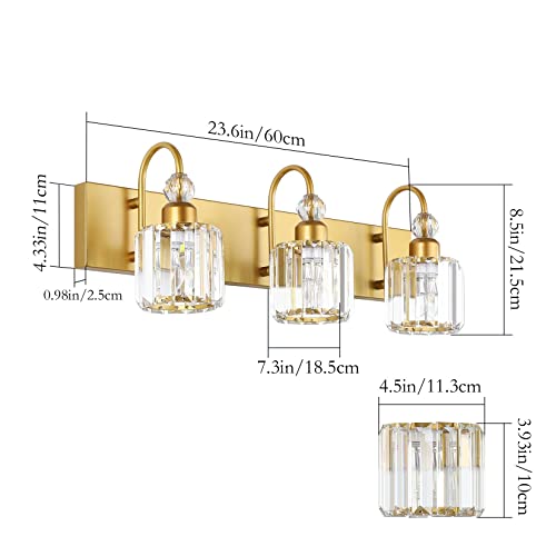 Image of Ralbay Gold Bathroom Vanity Lights 3-Lights Gold Crystal Vanity Lights Over Mirror Modern Crystal Bathroom Vanity Lighting Fixtures