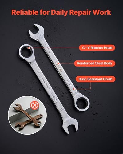 Image of VEVOR Combination Wrench Set, 26-Piece SAE and Metric, 72 Teeth, Cr-V Steel Ratcheting Wrench Set, with Rack Organizer, Open End, Clear Size Labels, for General Household, Automotive Repairs, Silver